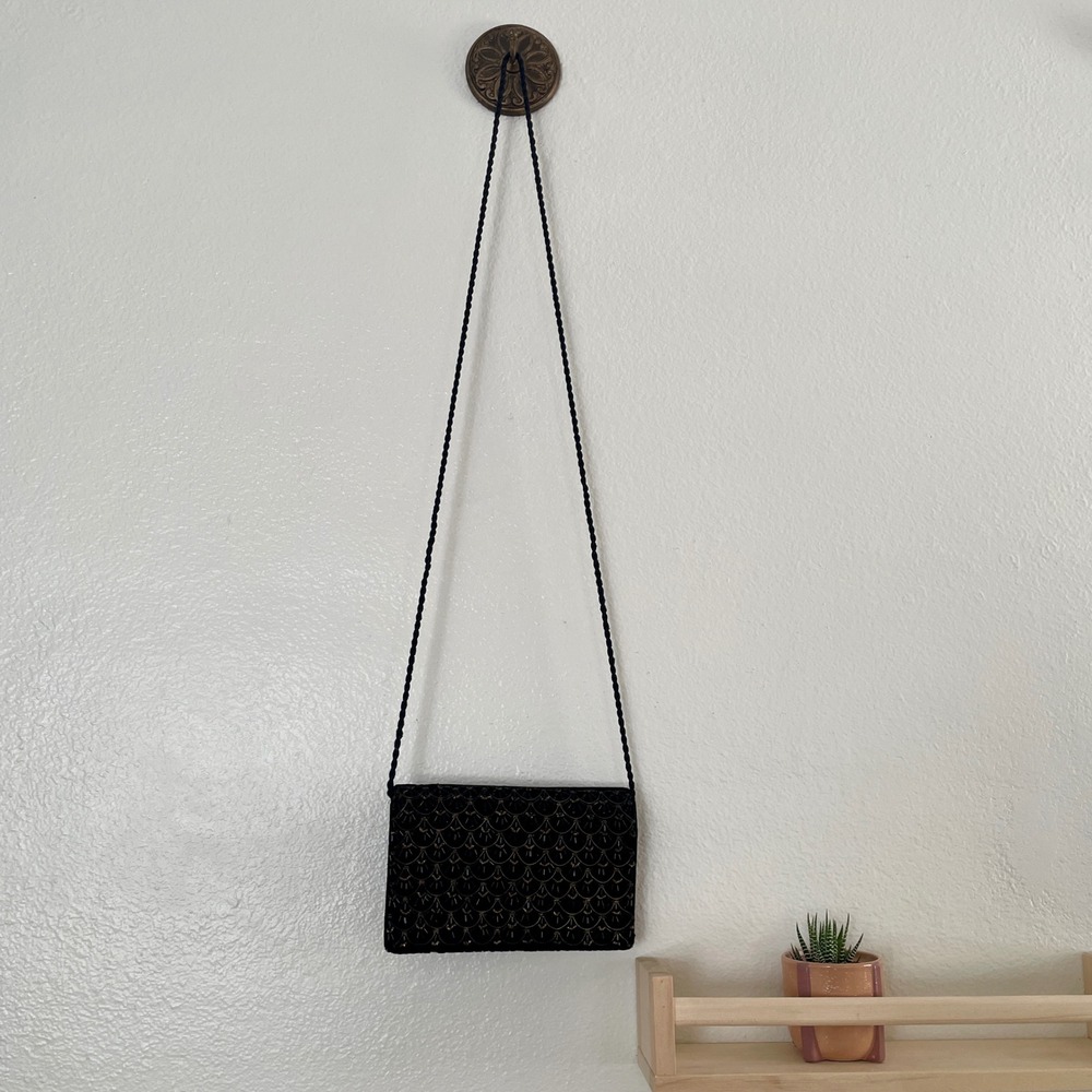 Vintage Black Velvet Beaded Crossbody Bag Scalloped Evening Clutch Made in India